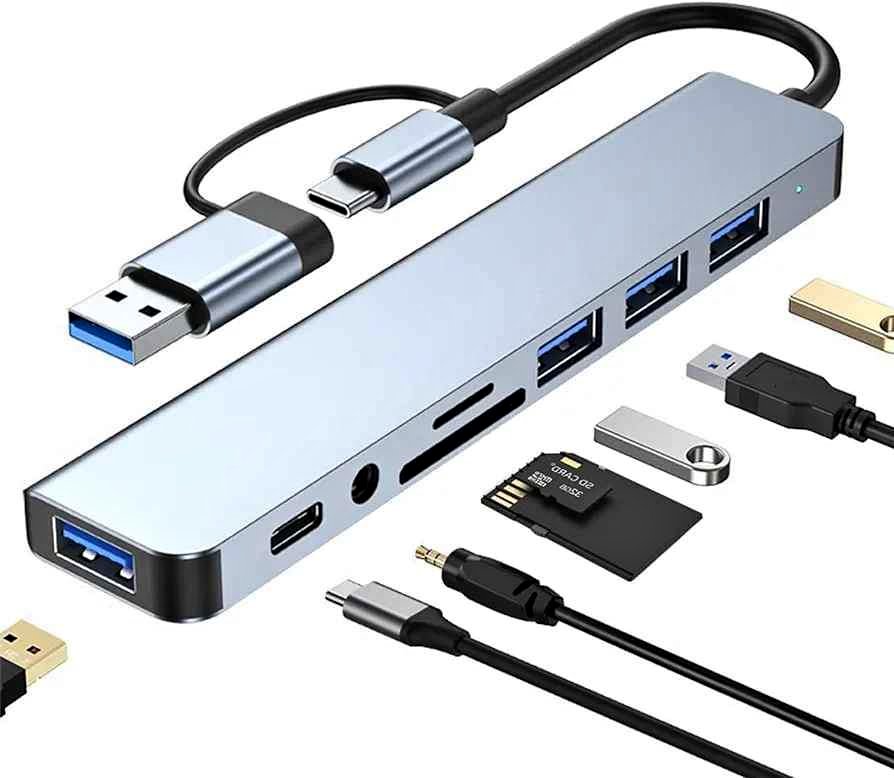 Hub USB y USB C - 8 en 1 Con puertos USB + USB C + tarjeta SD + salida de audio