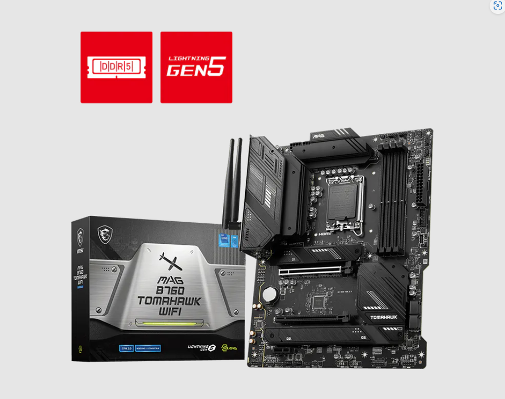 MSI MAG B760 TOMAHAWK WIFI / Placa base ATX / Socket LGA1700 / B760 Chipset / USB 3.2 Gen 1, USB 3.2 Gen 2, USB-C 3.2 Gen2, USB-C 3.2 Gen 2×2 / 2.5 Gigabit LAN, Bluetooth, Wi-Fi